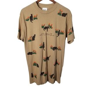 Vintage Painted Lady Cat Flower‎ Cat Lady TShirt Tan Womens Medium USA Made